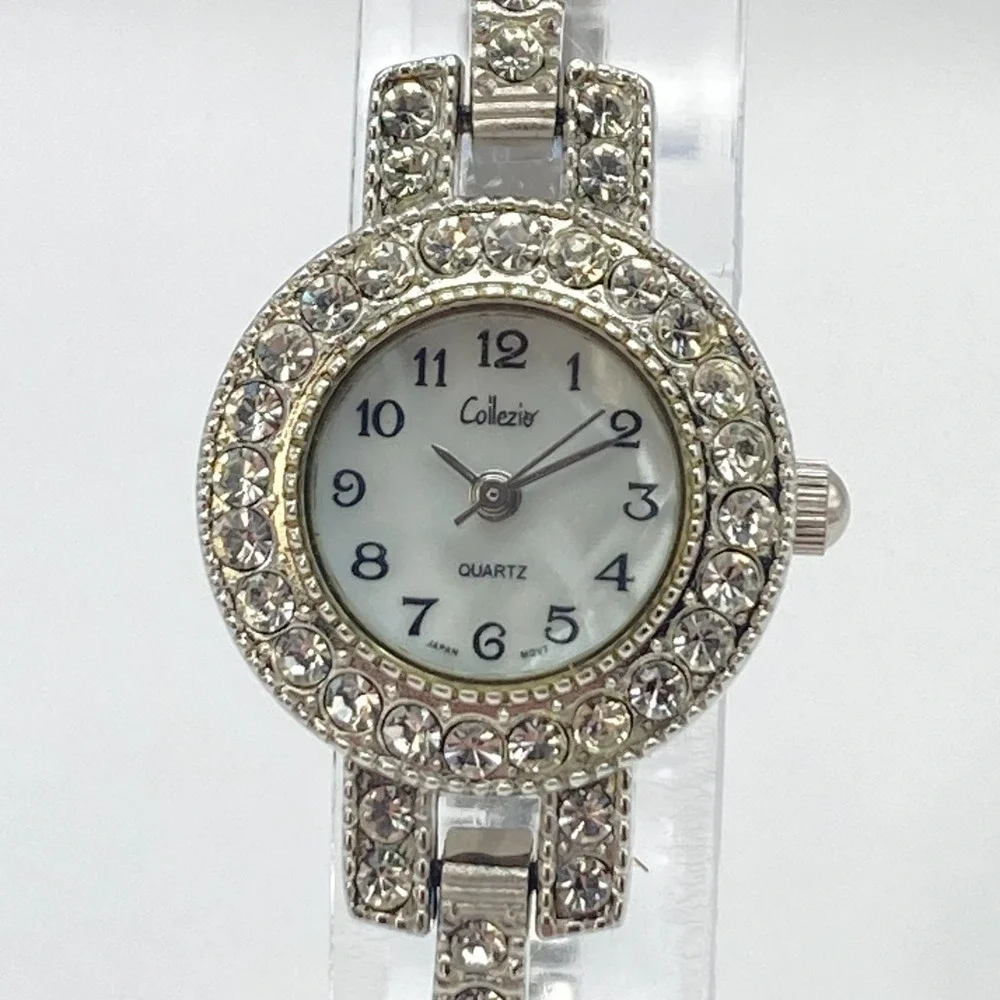 Collezio Womens Watch 22mm Silver Tone Crystals Bling MOP Dial New Battery 6.75